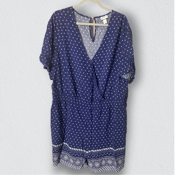 Women's Tie Waist Romper - Ava & Viv Navy Bluer White V Neck 2X - Picture 7 of 7